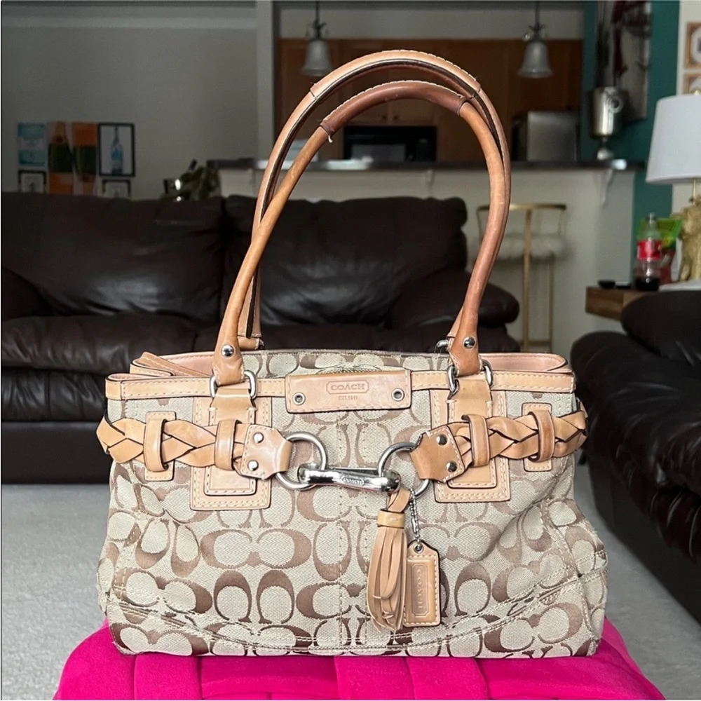 Coach Signature Canvas Shoulder Bag in Tan and Khaki - Picture 3 of 17